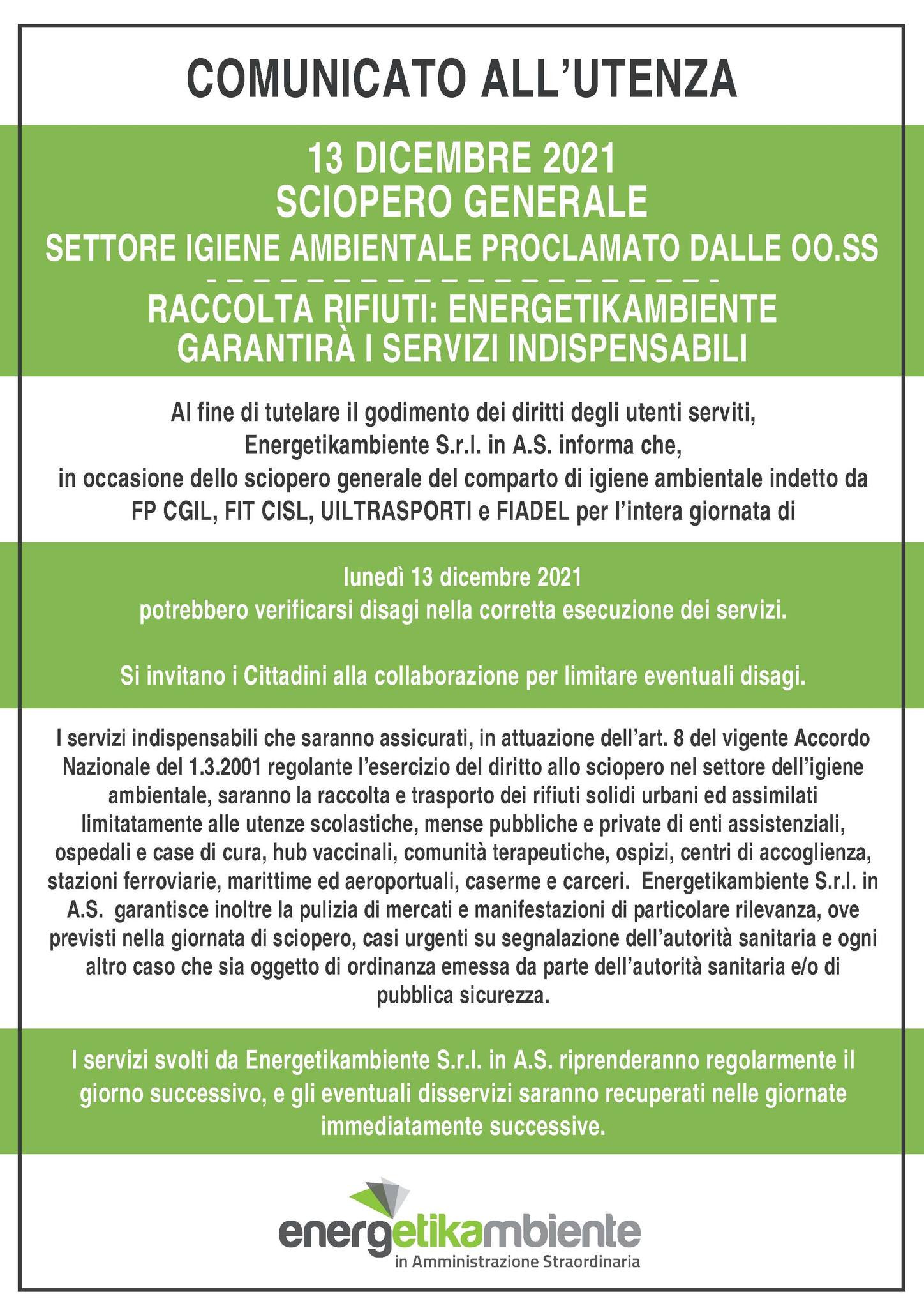 Lunedì sciopero settore ambientale. energetikambiente garantirà i serv